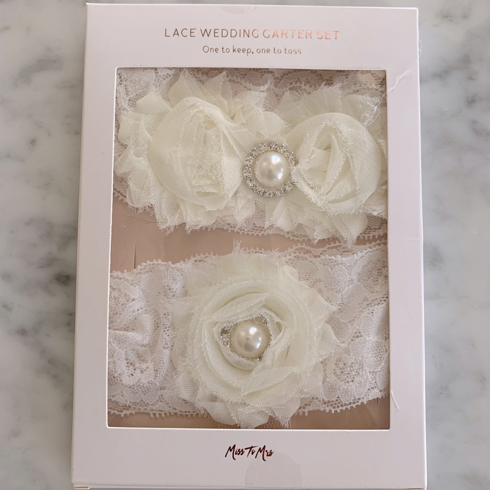 NIB Wedding Garters in white lace with pearl details. One to keep one to toss!